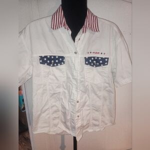 White Button-Up Shirt with Star Accents USA Americana